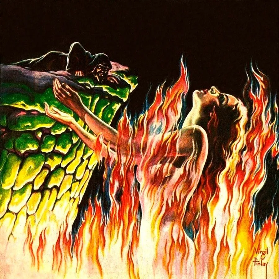 Virgil Finlay: mujer ardiendo junto a un dragón