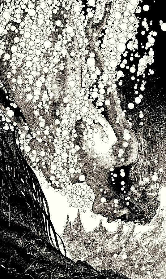 Virgil Finlay: mujer buceando rodeada de burbujas