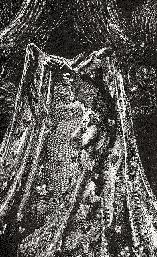 Virgil Finlay: figura femenina cubierta de mariposas