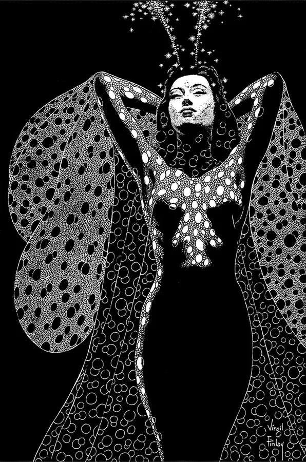 Virgil Finlay: mujer rodeada de estrellas y lunares