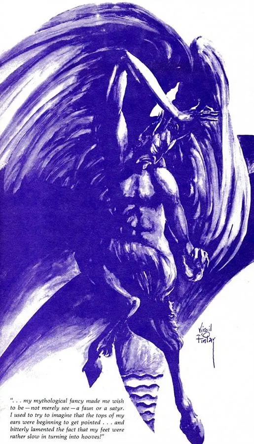 Virgil Finlay: fauno en tono púrpura con cita literaria