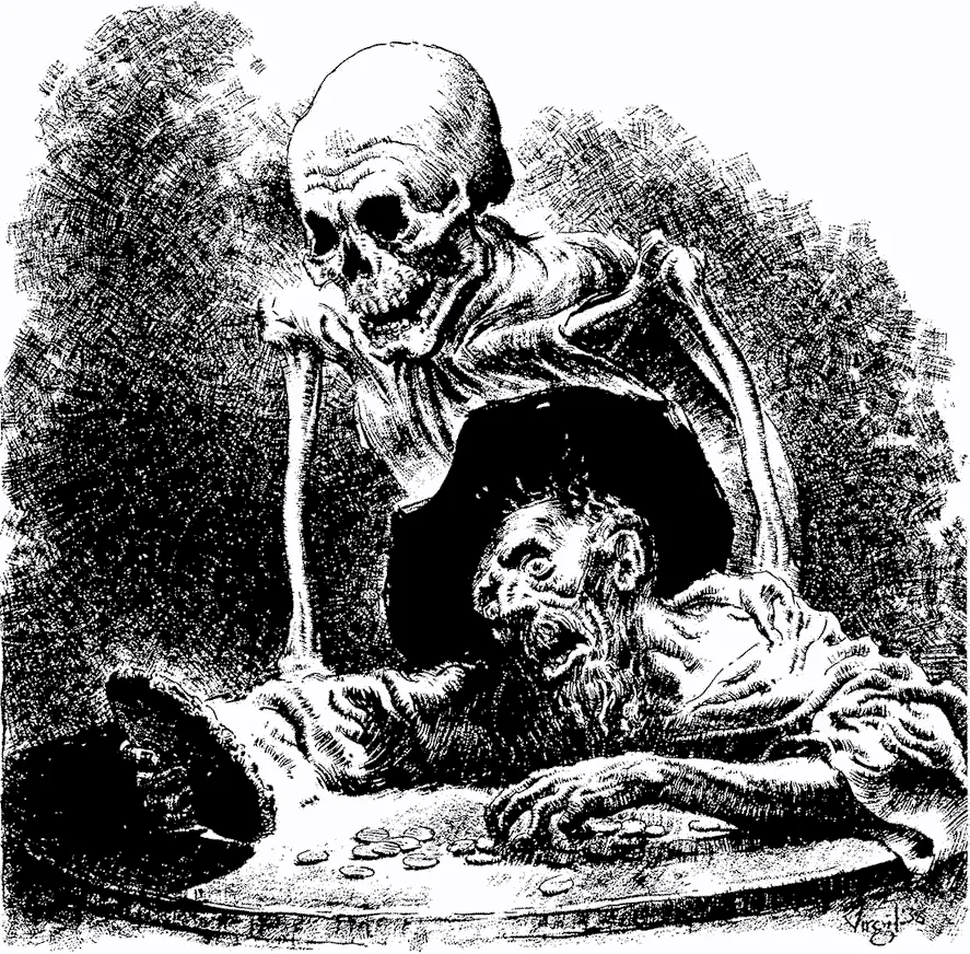 Virgil Finlay: esqueleto y anciano avaro con monedas