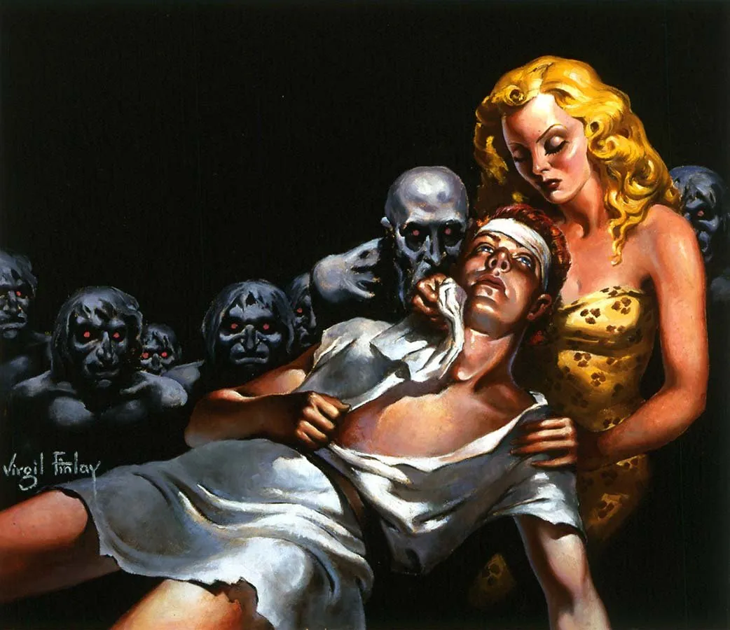 Virgil Finlay: mujer y hombre herido acechados por criaturas grises
