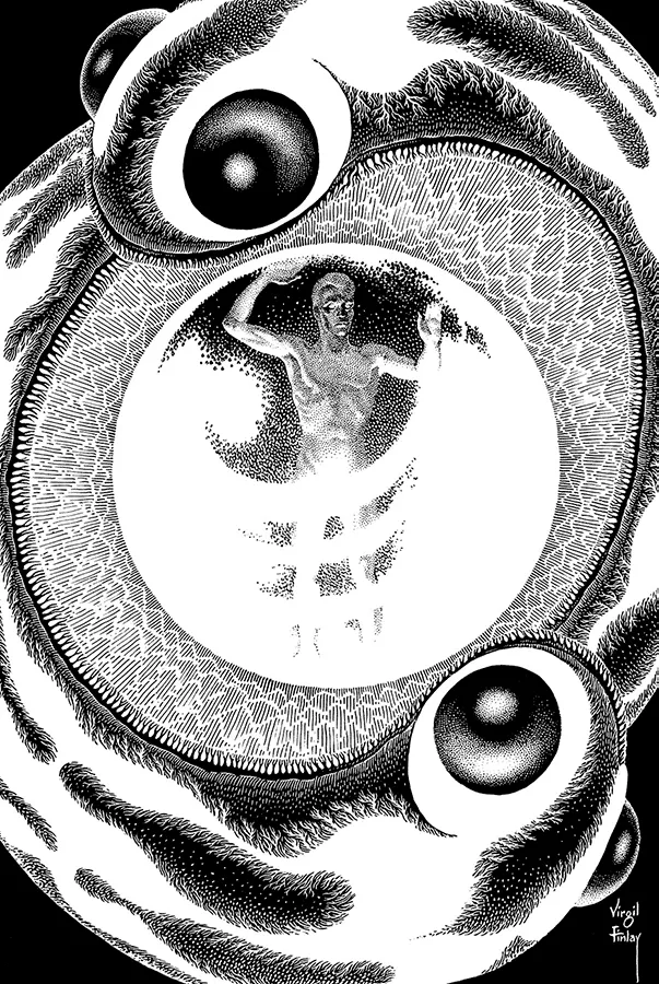 Virgil Finlay: hombre envuelto en un ojo gigante