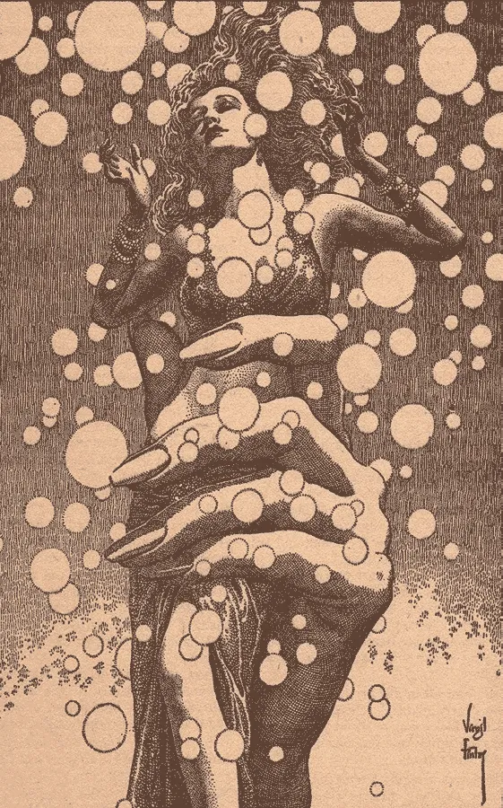 Virgil Finlay: mujer y manos entre burbujas