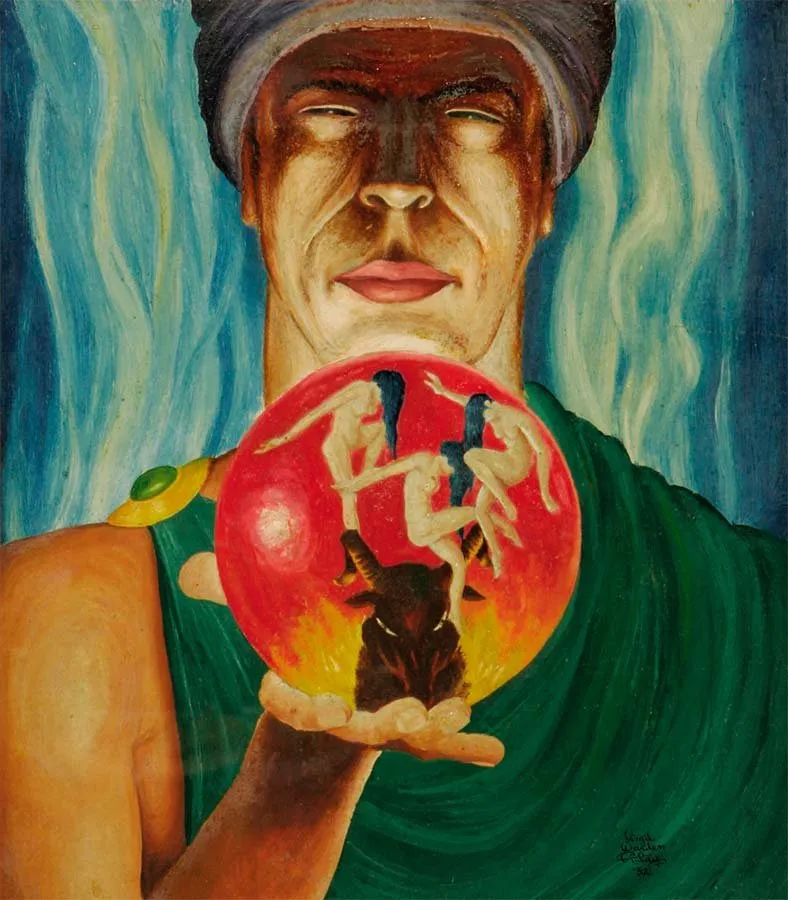 Virgil Finlay: hechicero con esfera de fuego (1952)
