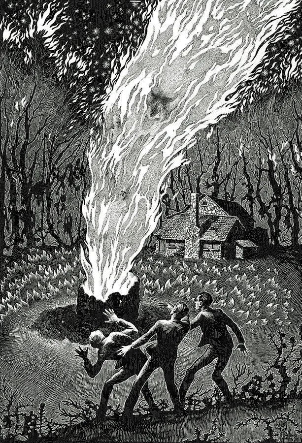 Virgil Finlay: escena de fuego ritual y casa en el bosque