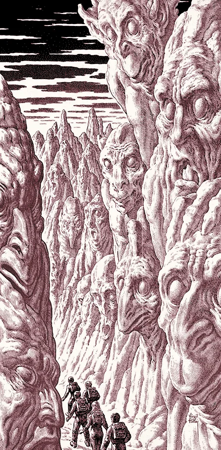 Virgil Finlay: astronautas entre rocas con forma de rostros