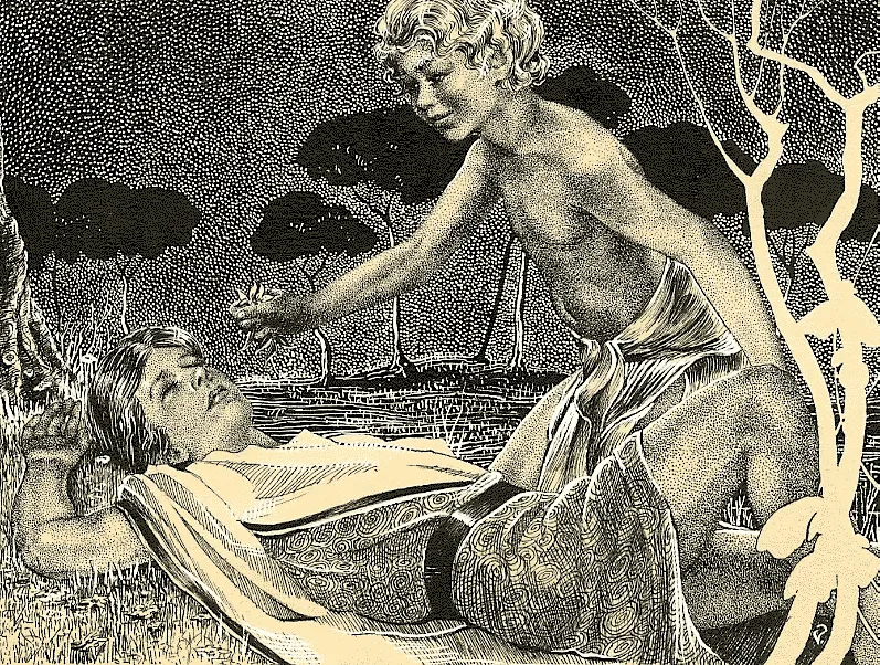 Virgil Finlay: pareja desnuda en un paisaje pastoral