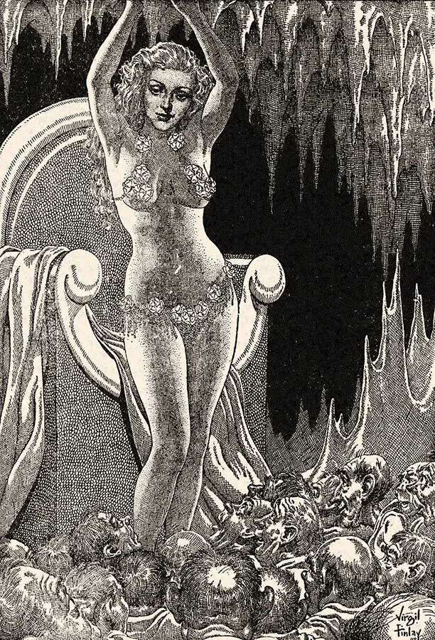 Virgil Finlay: mujer enjoyada entre adoradores en una gruta