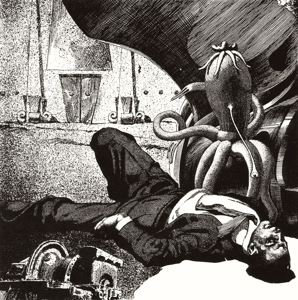 Virgil Finlay: criatura alienígena atacando a un hombre