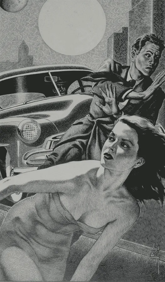 Virgil Finlay: hombre y mujer huyendo junto a un coche de noche