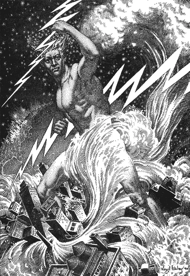 Virgil Finlay: gigante destruyendo una ciudad entre rayos