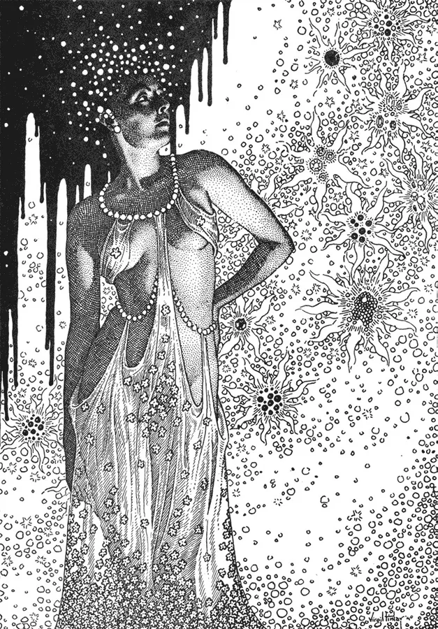 Virgil Finlay: mujer rodeada de estrellas y nebulosas