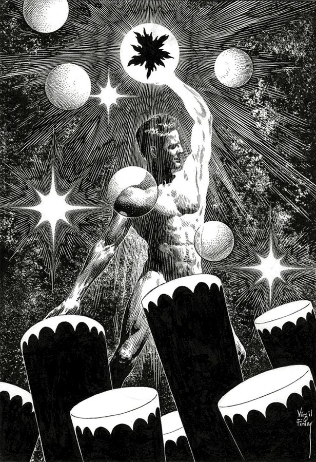 Virgil Finlay: hombre entre esferas luminosas