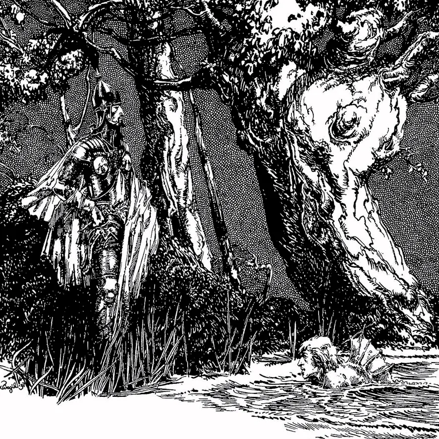 Virgil Finlay: caballero junto a un árbol y una figura en el agua