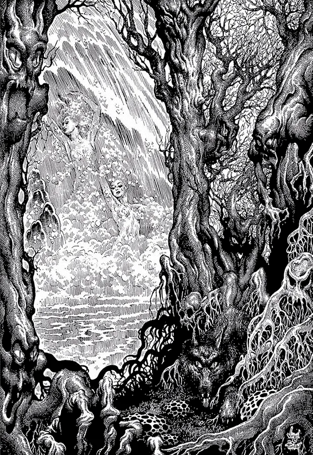 Virgil Finlay: ninfas bajo una cascada entre raíces