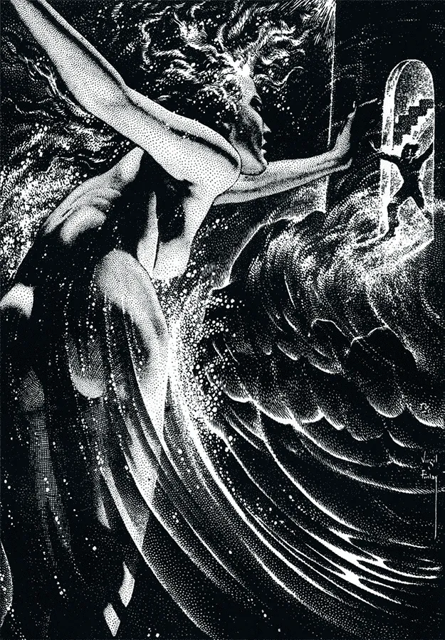 Virgil Finlay: figura alada femenina junto a una torre