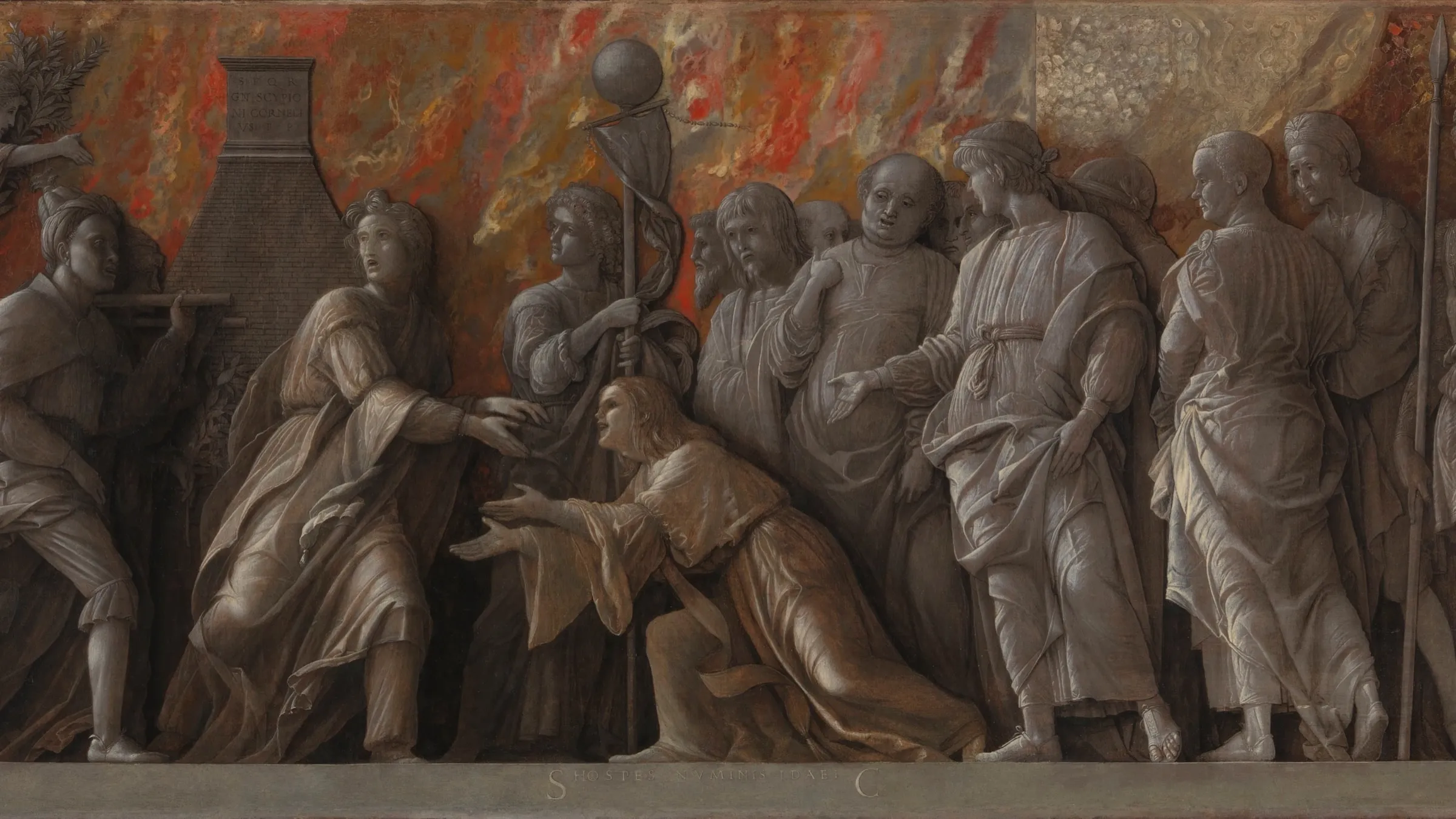 Detalle de «La introducción del culto de Cibeles en Roma», de Andrea Mantegna: la matrona Claudia Quinta arrodillada ante la comitiva que recibe a la diosa