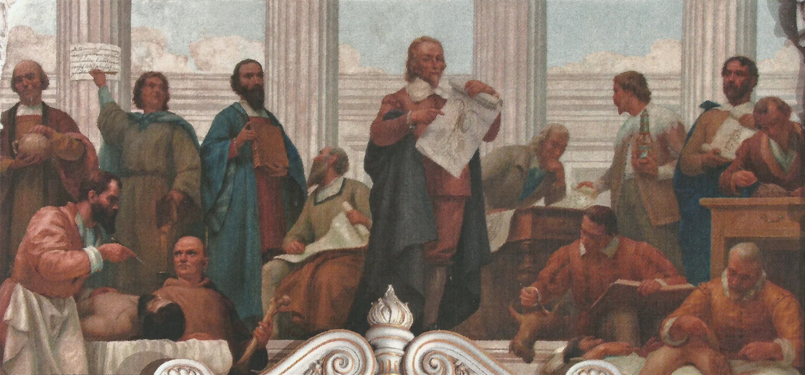 «La medicina del Renacimiento» (h. 1906), mural de Veloso Salgado en la sala de actos de la Facultad de Medicina de la Universidad NOVA de Lisboa. Miguel Servet es la figura de barba oscura y capa verdosa que sostiene un libro, a la izquierda; en el centro, Vesalio despliega una lámina anatómica. Imagen de dominio público (Wikimedia Commons).