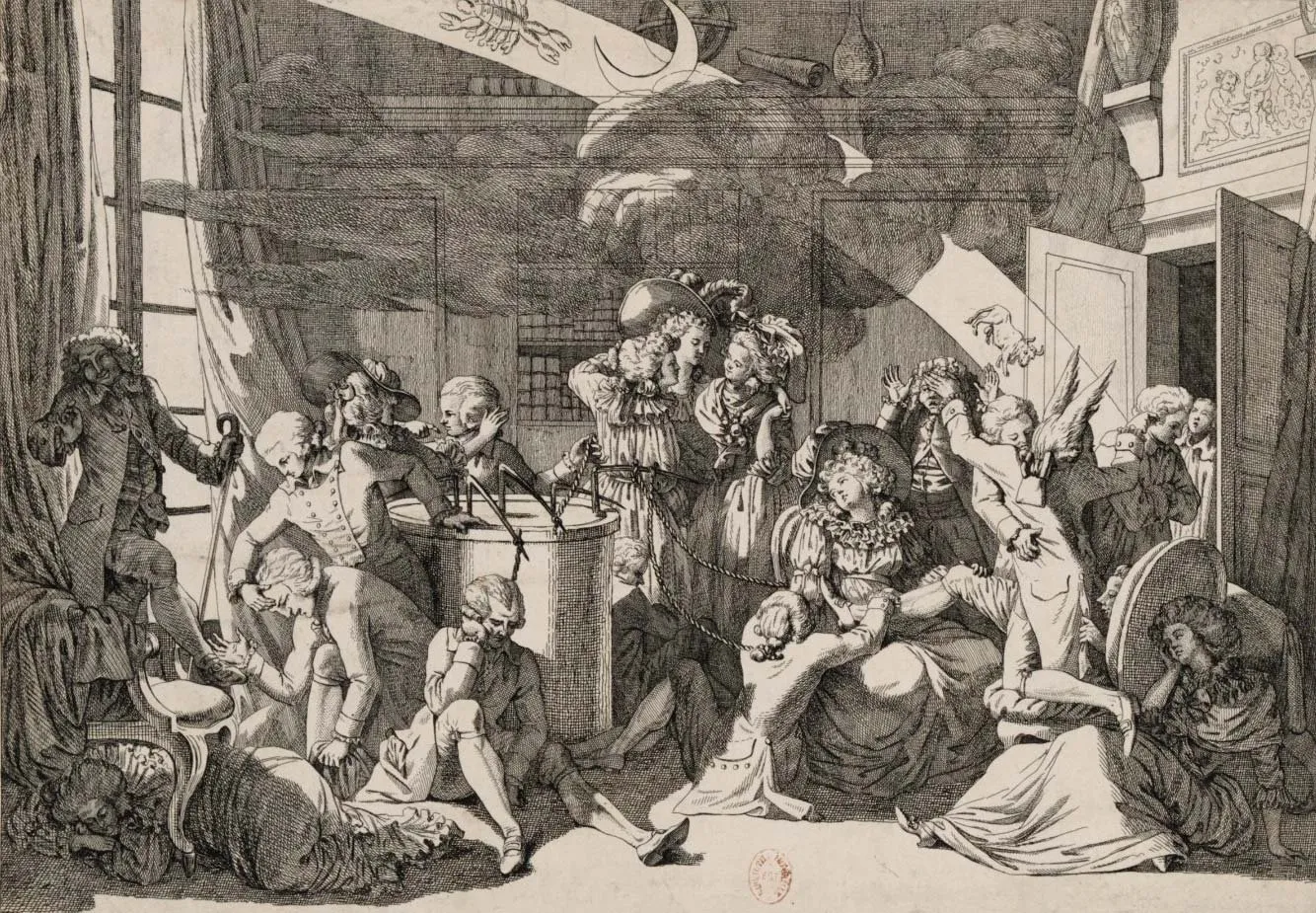 Grabado satírico anónimo de una sesión de magnetismo animal en torno al baquet de Mesmer (1784)