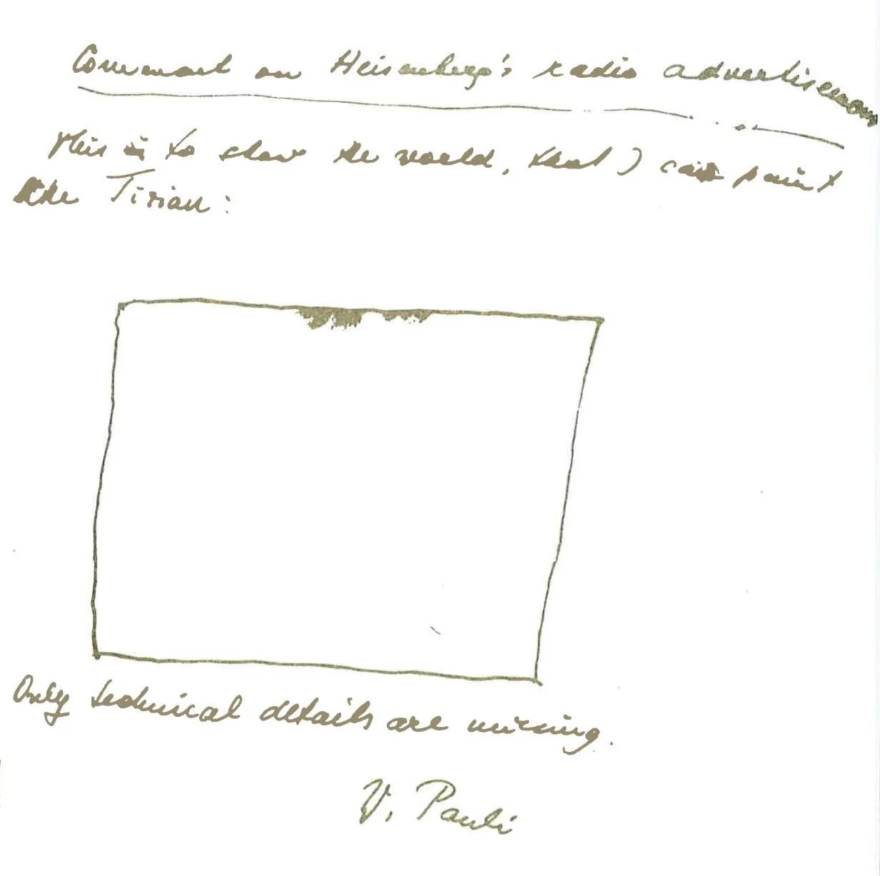 La carta de Wolfgang Pauli a George Gamow (1 de marzo de 1958), con el marco vacío y la inscripción «Only technical details are missing»