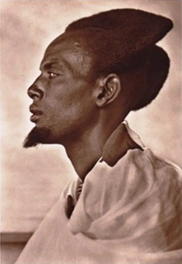 Hombre con perilla y cresta puntiaguda del peinado amasunzu, retrato sepia