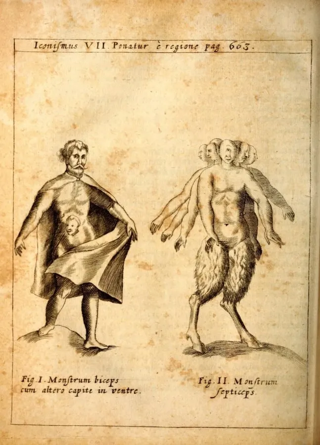 Monstruos de dos y siete cabezas, grabado de «Physica Curiosa» (1662)