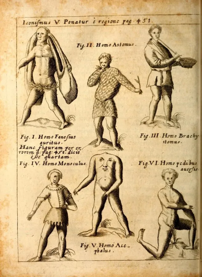 Razas fabulosas plinianas (cíclope, acéfalo, astomo), grabado de «Physica Curiosa» (1662)