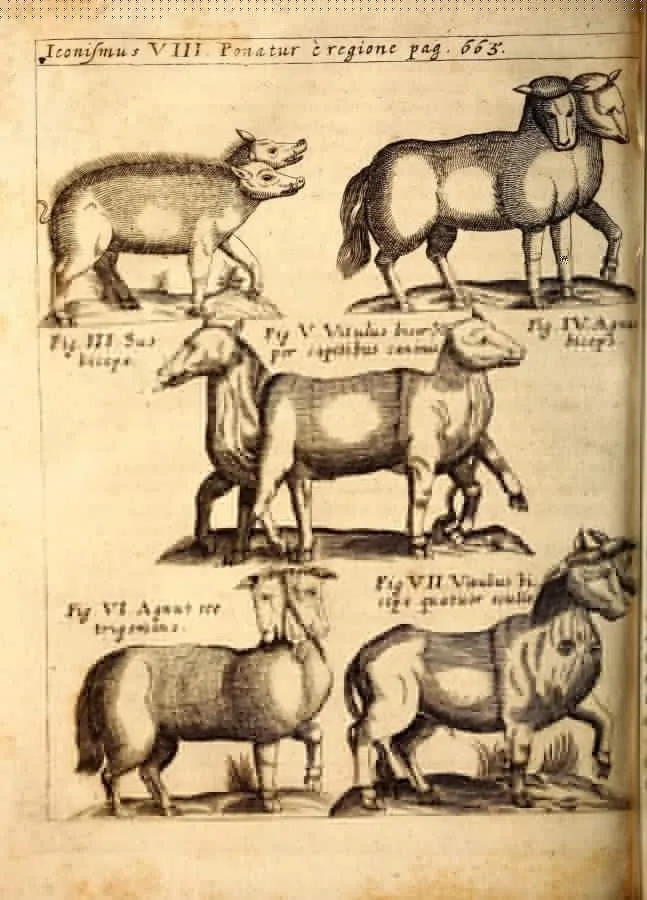 Animales de granja bicéfalos, grabado de «Physica Curiosa» (1662)
