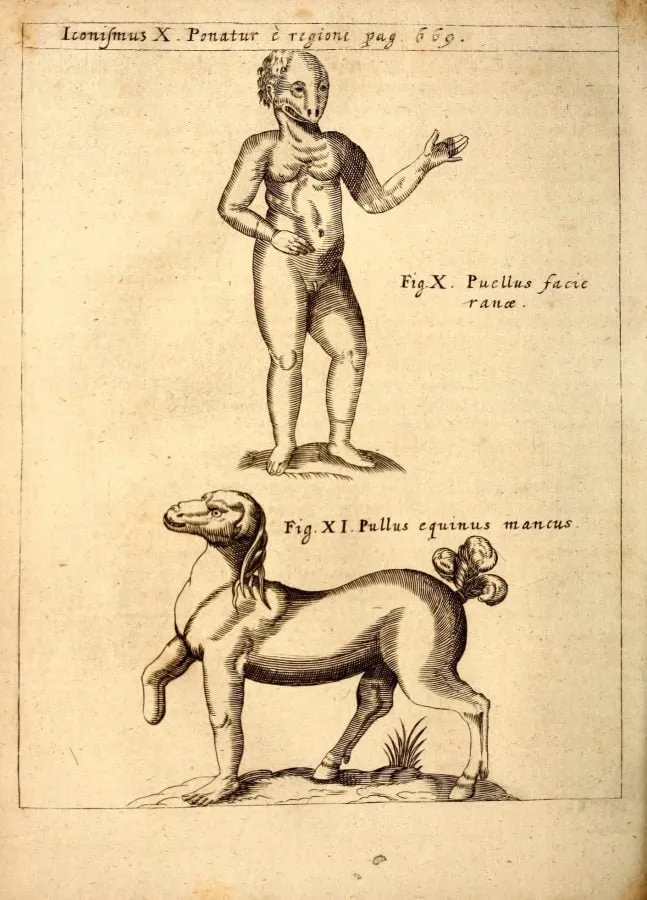Niño con cara de rana y potro deforme, grabado de «Physica Curiosa» (1662)