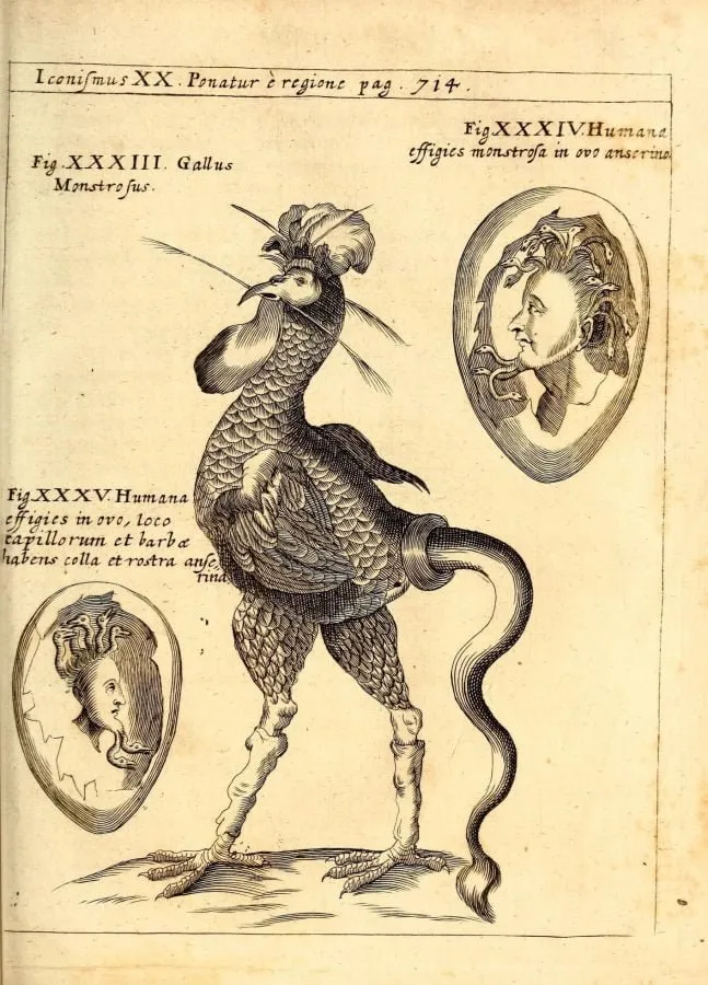 Gallo monstruoso y rostros dentro de huevos, grabado de «Physica Curiosa» (1662)