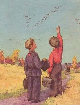 Ilustración de Mijaíl Kupriánov con niños viendo volar a las grullas