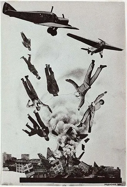 Fotomontaje «Crisis» de Ródchenko, aviones y cuerpos en caída (1923)
