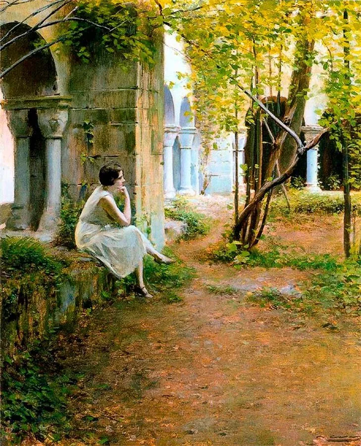 Ramón Casas: Júlia Peraire en el claustro de Sant Benet