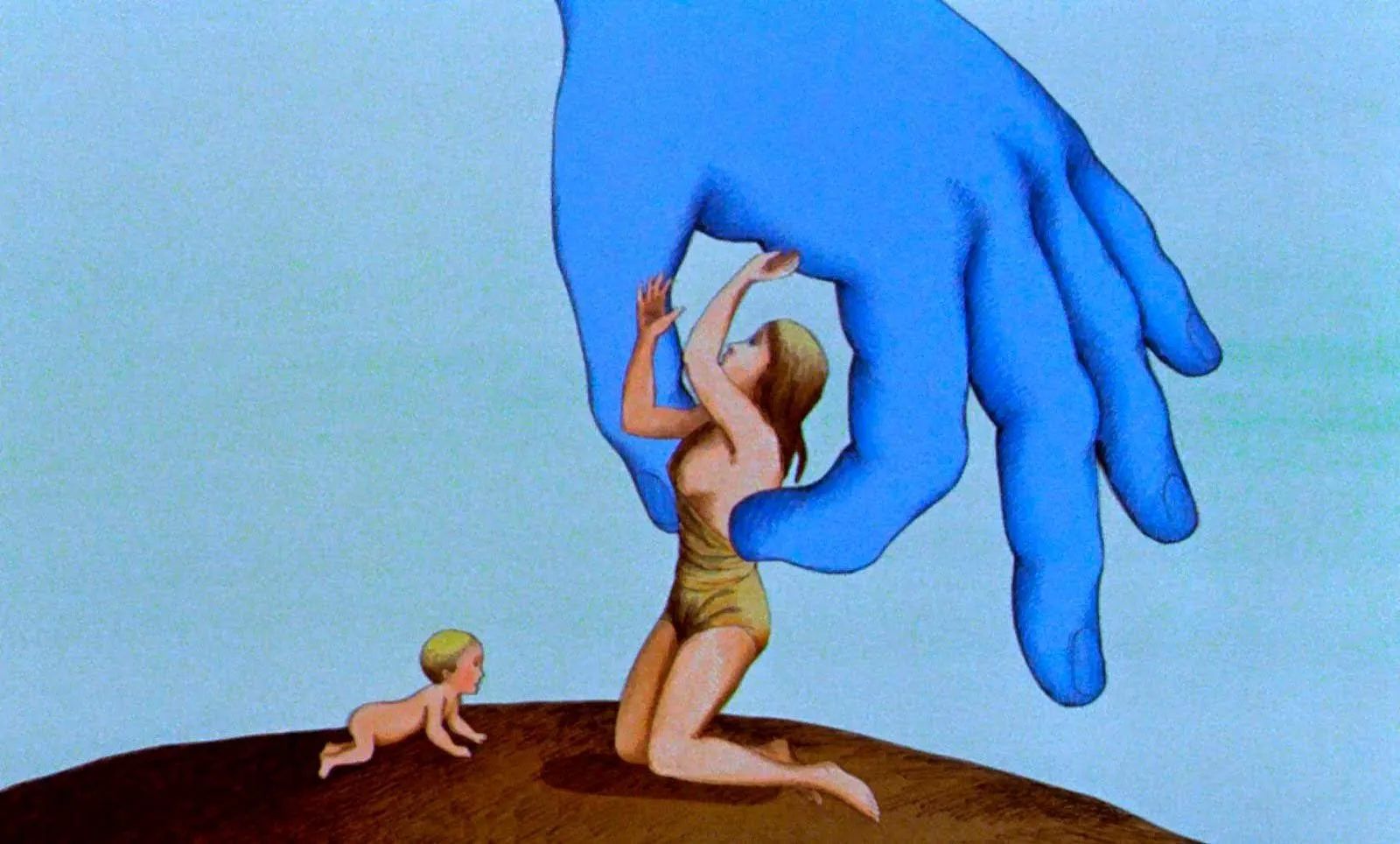 Fotograma de «El planeta salvaje»: una mano Draag protege a una joven Om