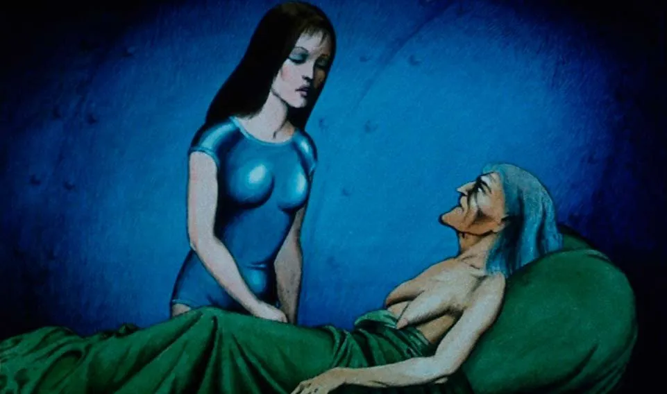 Fotograma de «El planeta salvaje»: una joven Om junto a un anciano