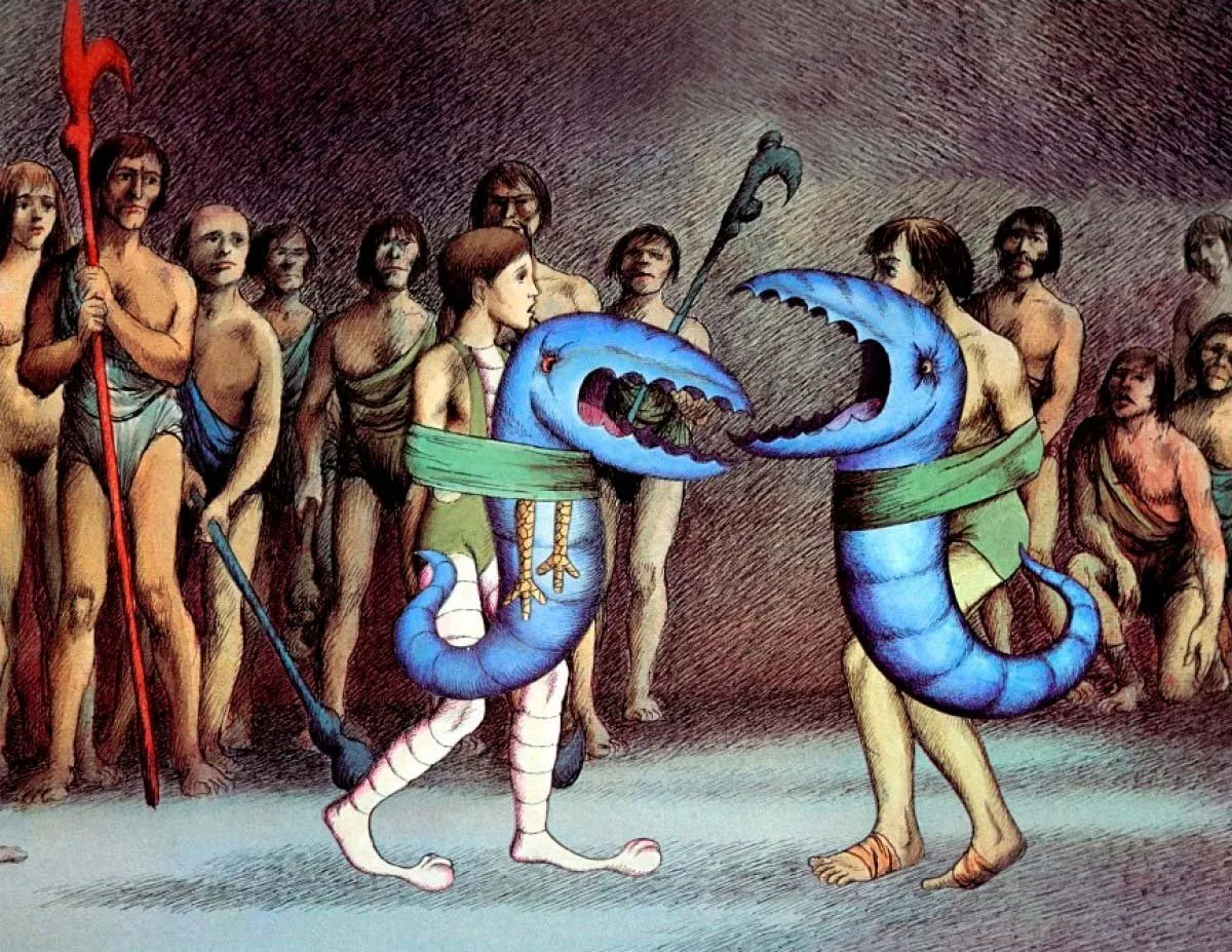 Fotograma de «El planeta salvaje»: duelo ritual entre los Oms