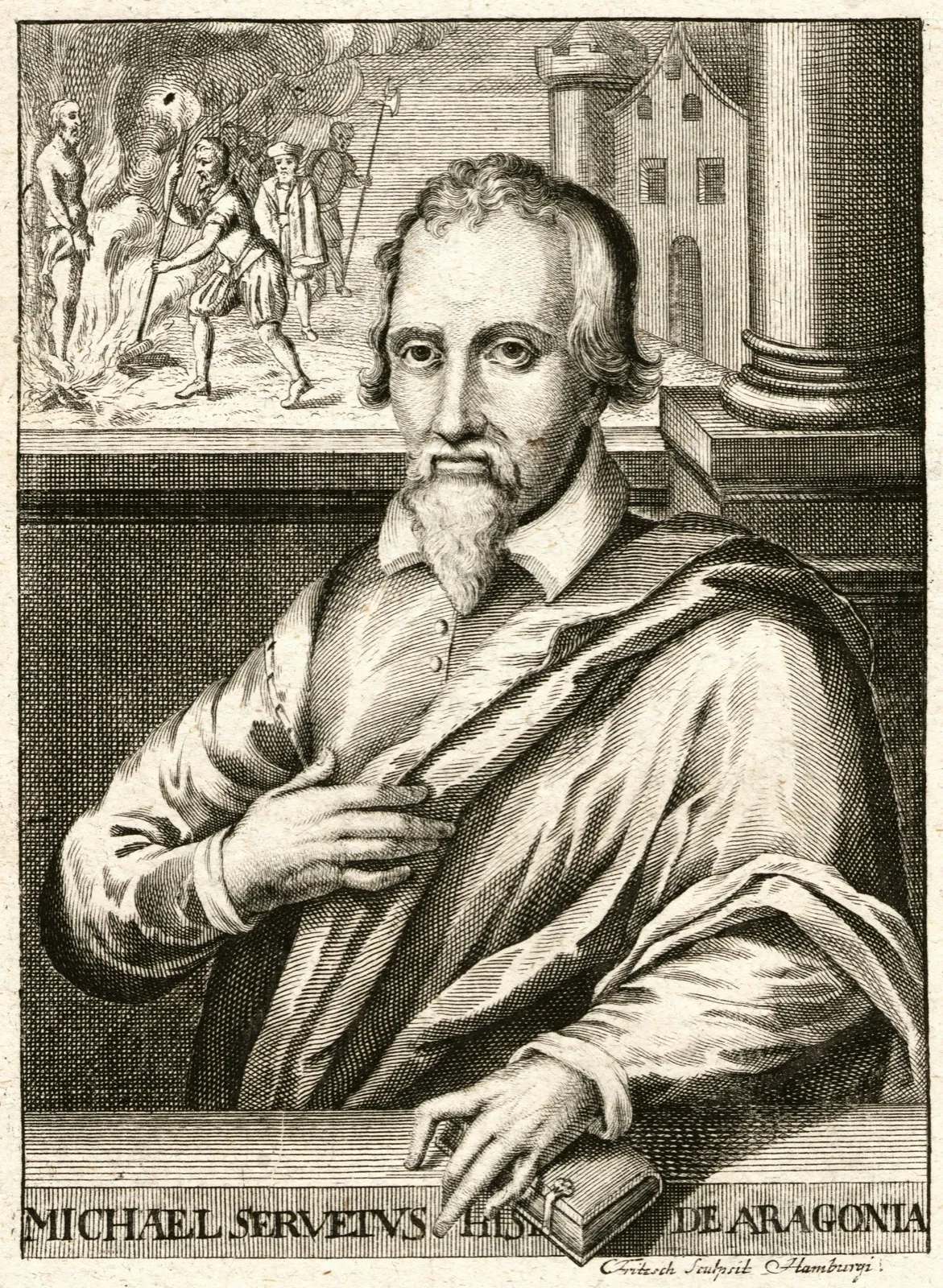 Retrato grabado de Miguel Servet, obra del grabador alemán Christian Fritzsch (h. 1740). Como casi todos los retratos que circulan de Servet, es posterior a su muerte y su parecido real es incierto: no se conserva ningún retrato hecho en vida. En la esquina superior izquierda, el propio grabador incluyó una escena en miniatura de su ejecución en la hoguera.