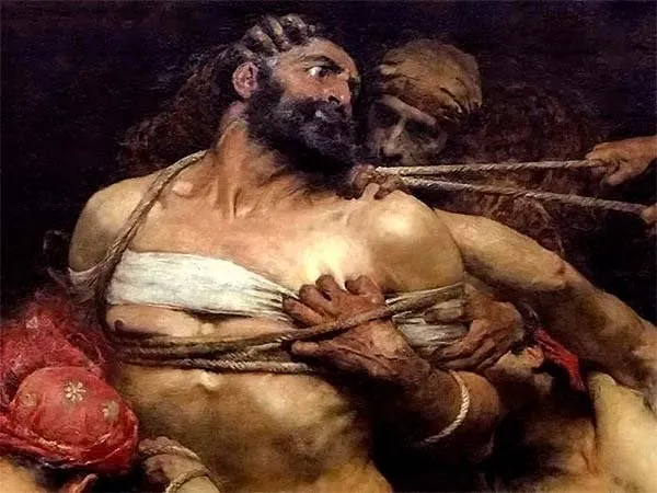 Detalle de «Sansón» de Solomon Joseph Solomon (1887): el rostro de Sansón, barbado y forcejeando, con una cuerda entre los dientes