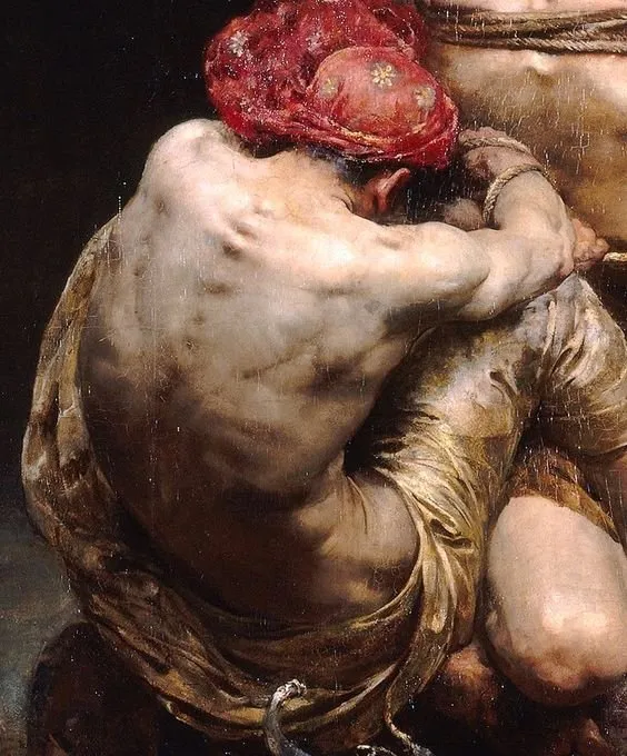 Detalle de «Sansón» de Solomon Joseph Solomon (1887): Sansón sometido de espaldas por uno de los filisteos, con un tocado rojo