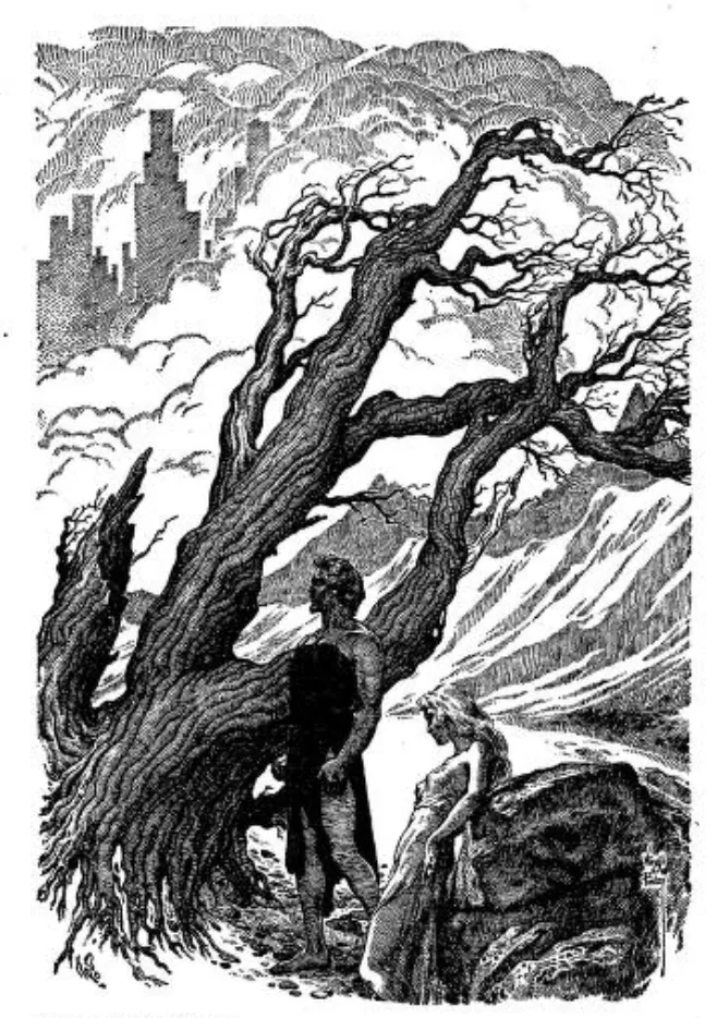 Ilustración de Virgil Finlay para una reedición de «Anthem» (Ayn Rand) en Famous Fantastic Mysteries, junio de 1953